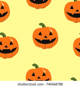 festive halloween pattern with a picture of bright orange pumpkins with frightening grimaces on a light background
