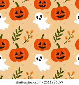 Festive Halloween Pattern with Pumpkins, Ghosts, and Autumn Foliage - Seamless Background Design