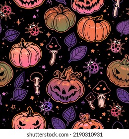 festive halloween pattern with pumpkins and mushrooms