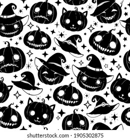 festive halloween pattern with smiling different scary pumpkins