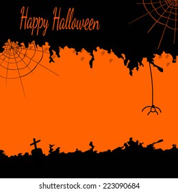 Festive Halloween postcard with cobwebs and a spider in black and orange colors.