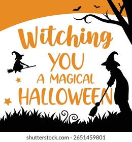 A festive Halloween poster design, likely featuring witchy elements and a magical, spooky atmosphere for seasonal celebrations.