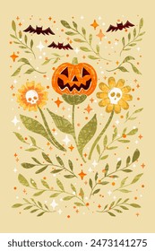 A festive Halloween poster with a pumpkin, skull flowers, bats, and floral elements in orange, green, and white hues on a beige background. Charming artistic vector hand drawn for October designs.