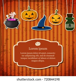 Festive Halloween poster with text in frame hanging pumpkins witch hat cauldron poison bottle on striped background vector illustration