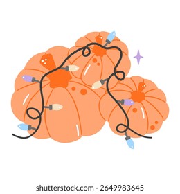 Festive Halloween pumpkins adorned with string lights, isolated on white. Perfect for autumn designs and spooky season