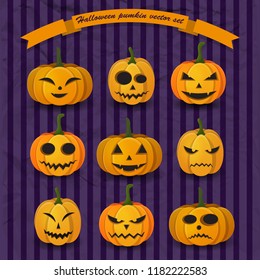 Festive Halloween pumpkins collection with different expressions and emotions on purple striped background vector illustration