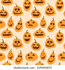 Festive Halloween pumpkins jack lantern, vector seamless cartoon pattern.