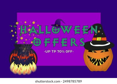 Festive Halloween sale banner featuring a witches hat, bubbling cauldron, and grinning pumpkin. Perfect for promoting holiday discounts and special offers.