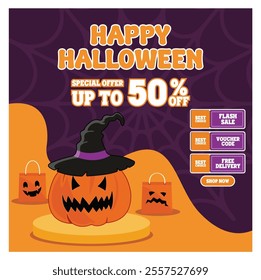 Festive Halloween sale poster featuring a spooky pumpkin and special offers up to 50% off. Ideal for promoting flash sales with free delivery and voucher codes. Flat vector modern illustration 