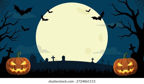 Uma cena festiva de Halloween com duas lanternas brilhantes, árvores silhuetadas, lápides e morcegos voadores contra uma grande e luminosa lua cheia.