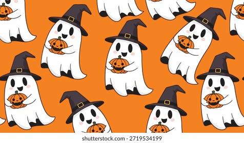 Festive Halloween seamless pattern with cute white ghosts wearing witch hats and holding carved pumpkins on a bright orange background.