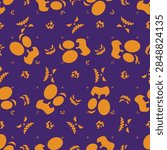A festive Halloween seamless pattern featuring various orange pumpkin carving face expressions including scary, angry, and goofy silhouettes scattered across a dark purple backdrop.