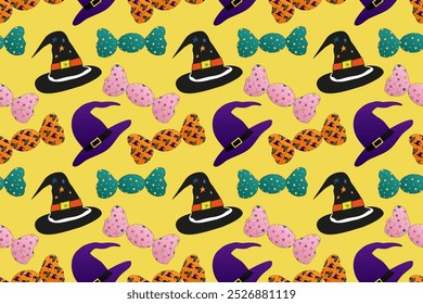 Festive Halloween seamless pattern featuring witch hats and colorful candy. Perfect for seasonal designs, decorations, and party themes.