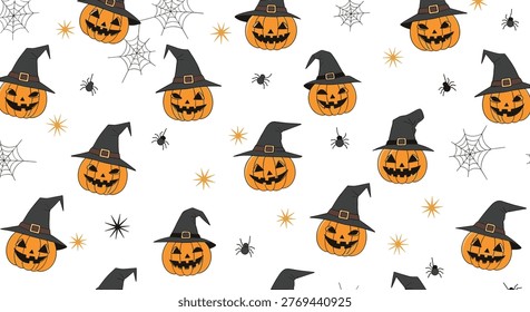 Festive Halloween seamless pattern featuring jack-o-lanterns wearing witch hats, spiders, webs, and golden stars.