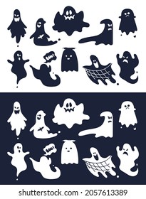 Festive Halloween set. Drawn vector ghosts in cartoon style with scary and cute faces. Illustration in white and dark colors.