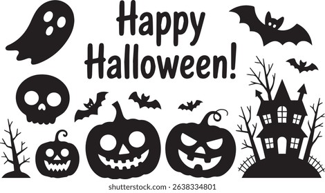 Festive Halloween Silhouette with Ghost Skull Pumpkins Bats and Haunted House