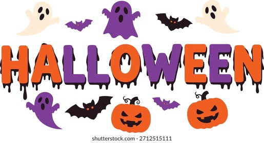 Tipografía de Vector espeluznante de Halloween festivo con calabazas, murciélagos y fantasmas en colores naranja y púrpura para saludos de vacaciones.