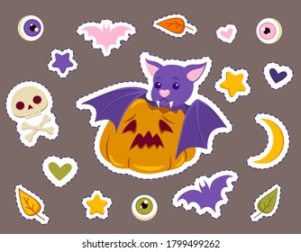 Festive halloween sticker set on isolated white background. Bat, pumpkin, skeleton with bones, hearts, eyeballs, autumn leaves, stars and the moon. Vector stock illustration for web and print.