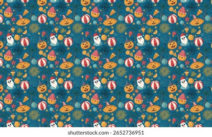 Festive halloween and summer themed pattern with smiling holiday characters