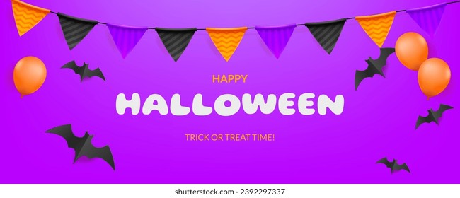 A festive Halloween themed vector banner featuring garland, flags, bats. The vibrant design captures the essence of the holiday, with a touch of eerie charm. Not AI generated.