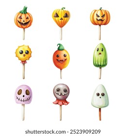 Festive Halloween treats featuring joyful pumpkin and ghostly lollipops in playful colors