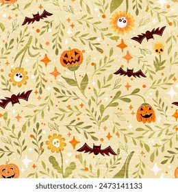 A festive Halloween vector seamless featuring pumpkin, skull flowers, bats, and floral elements in orange, green, and white hues on a beige background. Charming hand-drawn backdrop for October designs