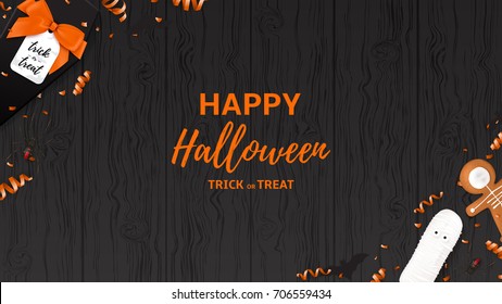 Festive Halloween web banner template. Top view on spiders, paper bats and confetti on dark wooden texture. Vector illustration with black gift box in the form of coffin.