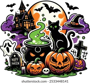 Abóboras festivas com tema de Halloween, morcegos, uma casa assombrada e um gato preto em um chapéu de bruxa ao lado de um caldeirão borbulhante. A cena inclui uma lua cheia, fantasmas voadores.