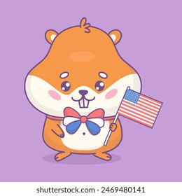 Festive hamster in bow tie with American flag. Cute cartoon animal rodent character. Holiday American Independence Day Fourth of July. Vector illustration