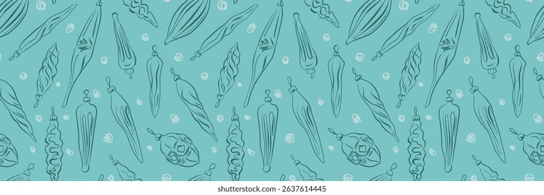 Festive hand draw blue pattern with Christmas tree toys and snow. Vector winter New Year background. For greeting holiday cards, banners, wrapping paper.