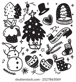 A festive hand drawn Christmas doodle featuring a snowman, Christmas trees, mittens, stockings, and a banner with Happy New Year in a bold and soft style

