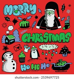 Festive hand drawn Christmas doodles with Santa, snowman, decorations, and holiday symbols, isolated on a red background for cheerful holiday themes