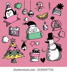 Festive hand drawn Christmas doodles featuring Santa, snowman, tree, and holiday icons, isolated on a pink background for cheerful holiday designs.