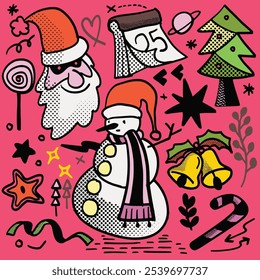 Festive hand drawn Christmas doodles featuring Santa, snowman, tree, and holiday bells, isolated on a pink background for cheerful seasonal designs.