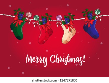 Festive hand drawn decorative garland with different hanging christmas socks on red background with snow. Stockings with gifts, candy canes, lollipops and holly branches. Isolated vector illustration