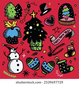 Festive hand drawn doodles for Christmas and New Year featuring a tree, snowman, mittens, and holiday decorations isolated on a red background.
