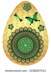 Festive hand drawn Easter golden egg with lacy mandala and butterflies on a  transparent background. Isolated.
