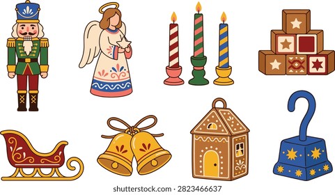 Festive hand drawn illustration set featuring a nutcracker soldier, angel, candles, toy blocks, sleigh, golden bells, gingerbread house, and decorative holiday toy. Ideal for Christmas cards, children’s designs, stickers, invitations, packaging, and seasonal decorations.