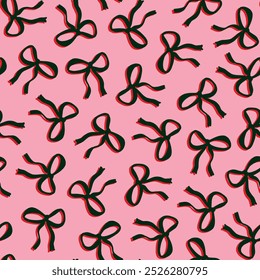 Festive hand drawn ribbons with shadows. Random placed, vector bows aop, all over surface print on pink background.