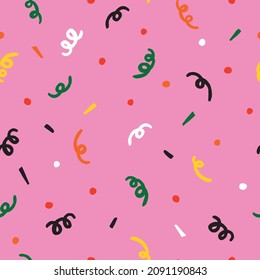 Festive hand drawn seamless vector pattern for wrapping paper. Colorful pattern with polka dot and confetti.