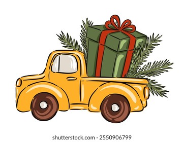 Festive hand drawn yellow truck delivering holiday Christmas gifts with green present and pine branches, vector illustration
