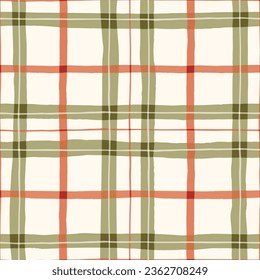 Festive Hand-Drawn Checked Vector Seamless Pattern. Classic Style with Watercolor Effect. Christmas Tartan Plaid.