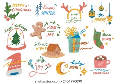 Festive Hand-Drawn Christmas Clipart Set | Holiday Elements and Typography for Cards, Crafts, and Decor