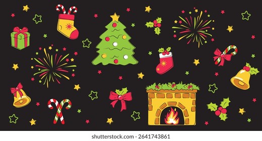 Festive hand-drawn Christmas clipart set with colorful icons of tree, fireplace, socks, candy, gifts, and decorations