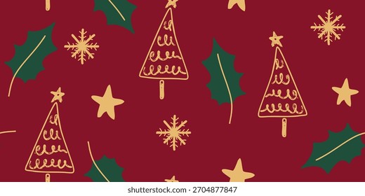 Festive Hand-Drawn Christmas Elements on Red