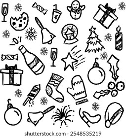 Festive Hand-Drawn Christmas and New Year Pattern – Featuring Holiday Icons Like Snowflakes, Gifts, Ornaments, Bells, Gifts, Fireworks, Santa Hats, and More for Seasonal Decor and Celebrations.