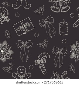 Festive hand-drawn Christmas seamless pattern with gingerbread man, candy canes, holly, and bows; white line art sketch on dark background for holiday design.