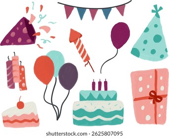 A festive hand-drawn collection of birthday party elements, including cake, balloons, presents, candles, hats, and confetti. Perfect for invitations, greeting cards, and fun celebration-themed designs