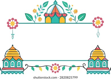 A festive hand-drawn decorative frame featuring traditional Indian temple architecture, vibrant floral motifs, and colorful patterns, perfect for cultural celebrations, invitations, and religious festival greeting cards.