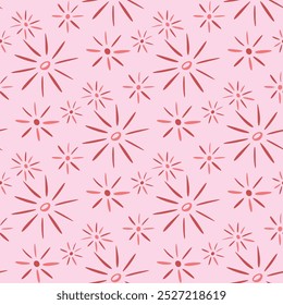 Motif festif dessiné à la main en style doodle avec des feux d'artifice lumineux dans les couleurs roses et rouges